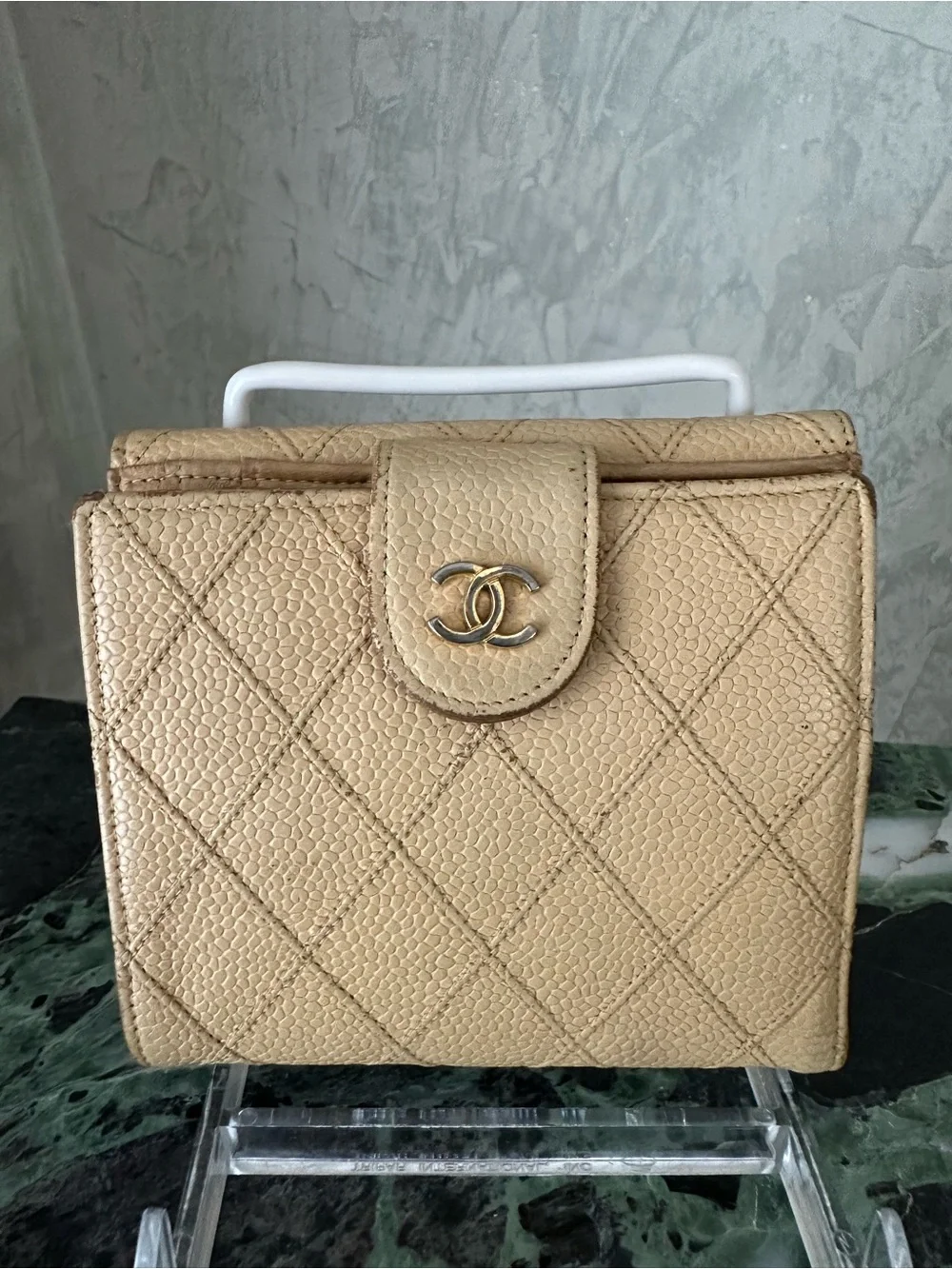 CHANEL AUTHEN Quilted Beige Caviar Leather Mini Wallet-on-Chain with CC Turnlock